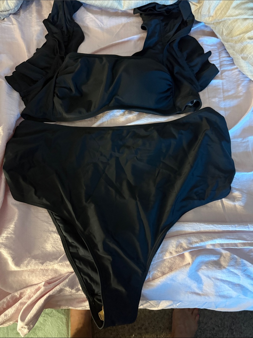 Amazon Essentials Black High-Waist Ruffle Strap Bikini